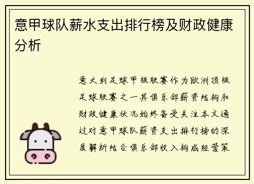 意甲球队薪水支出排行榜及财政健康分析